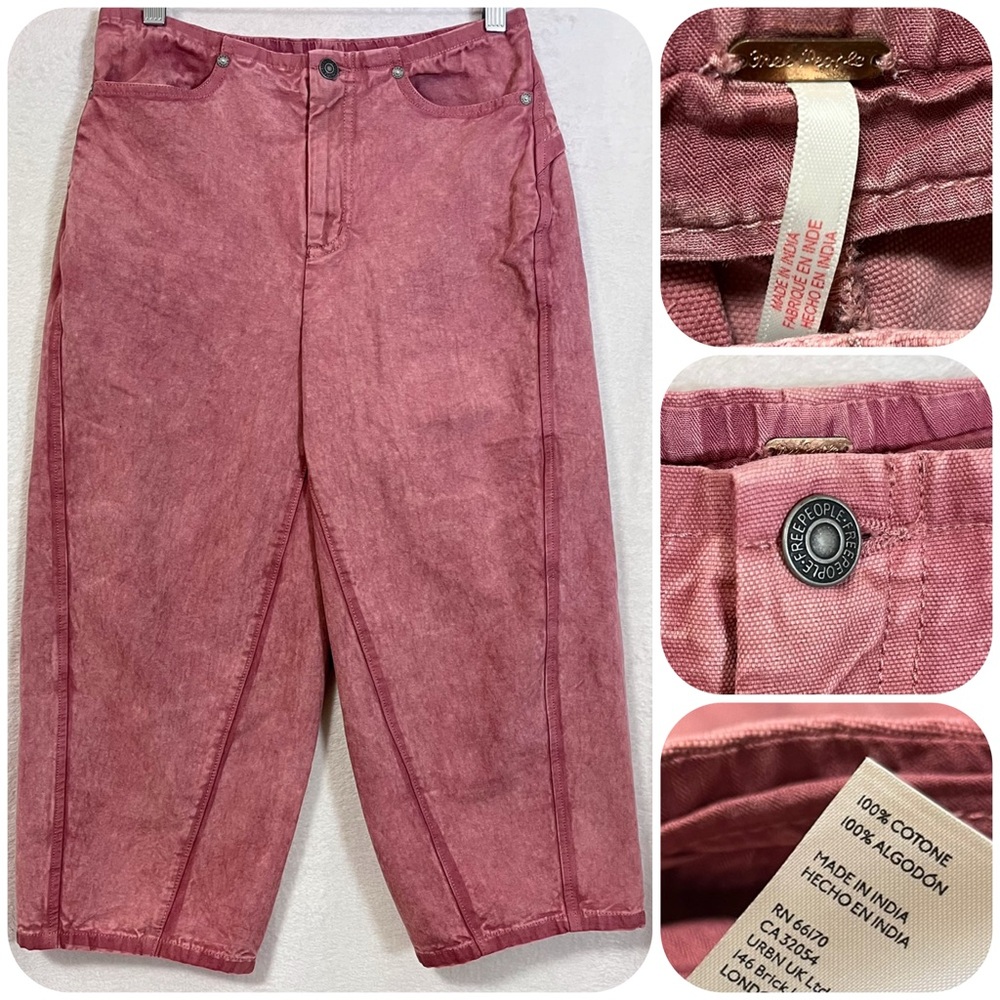Rare Free People “Good Luck” Cotton Barrel Jeans in Sunsetter Red/Pink Wash SZ 4